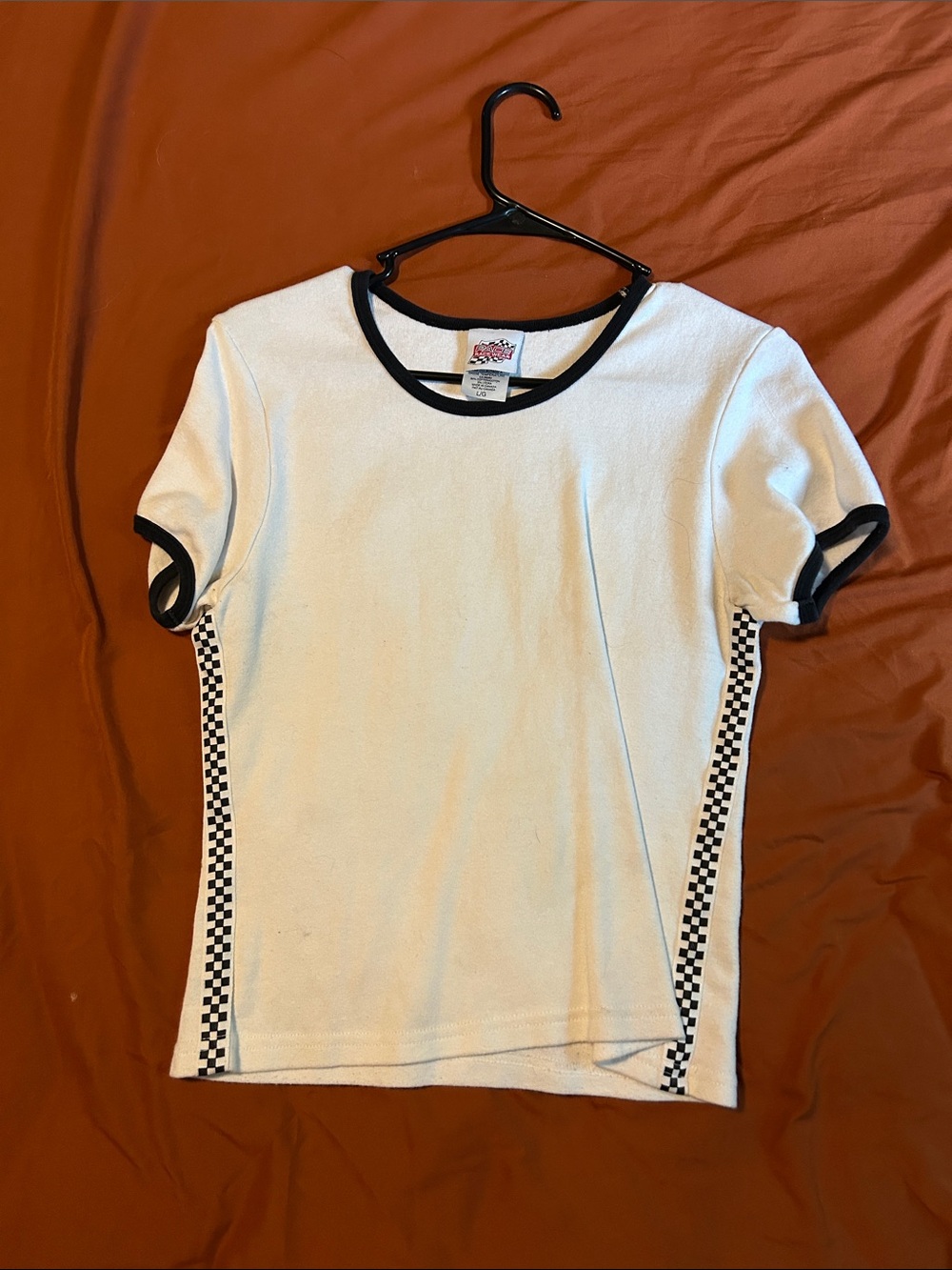 Vintage White Ringer Tee with Black Trim and Checkered Side Stripes